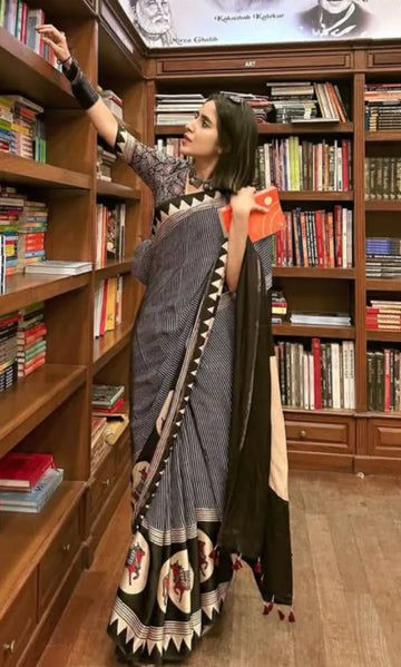 Pichwai Nandi Ajrakh Printed Model Silk Saree