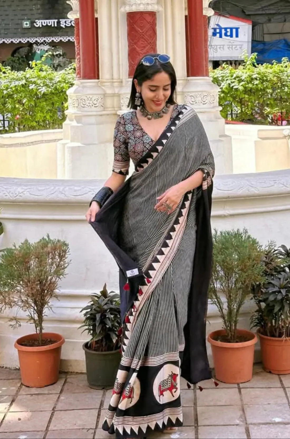 Pichwai Nandi Ajrakh Printed Model Silk Saree