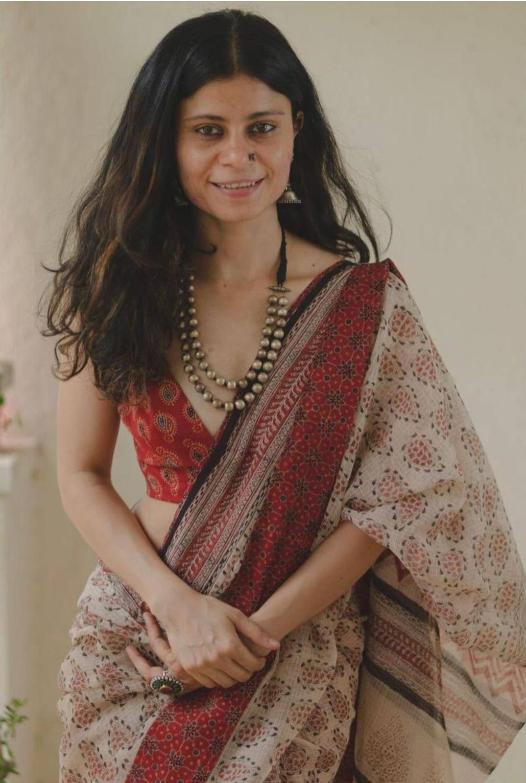 Beige Linen Digital Printed Saree with Blouse – Elegant Casual & Festive Wear