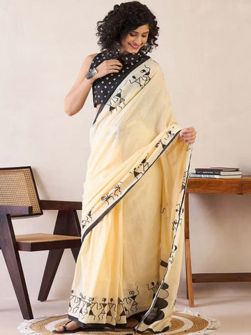 Cream-Coloured Warli Block Print Saree with Printed Border – Linen Blend
