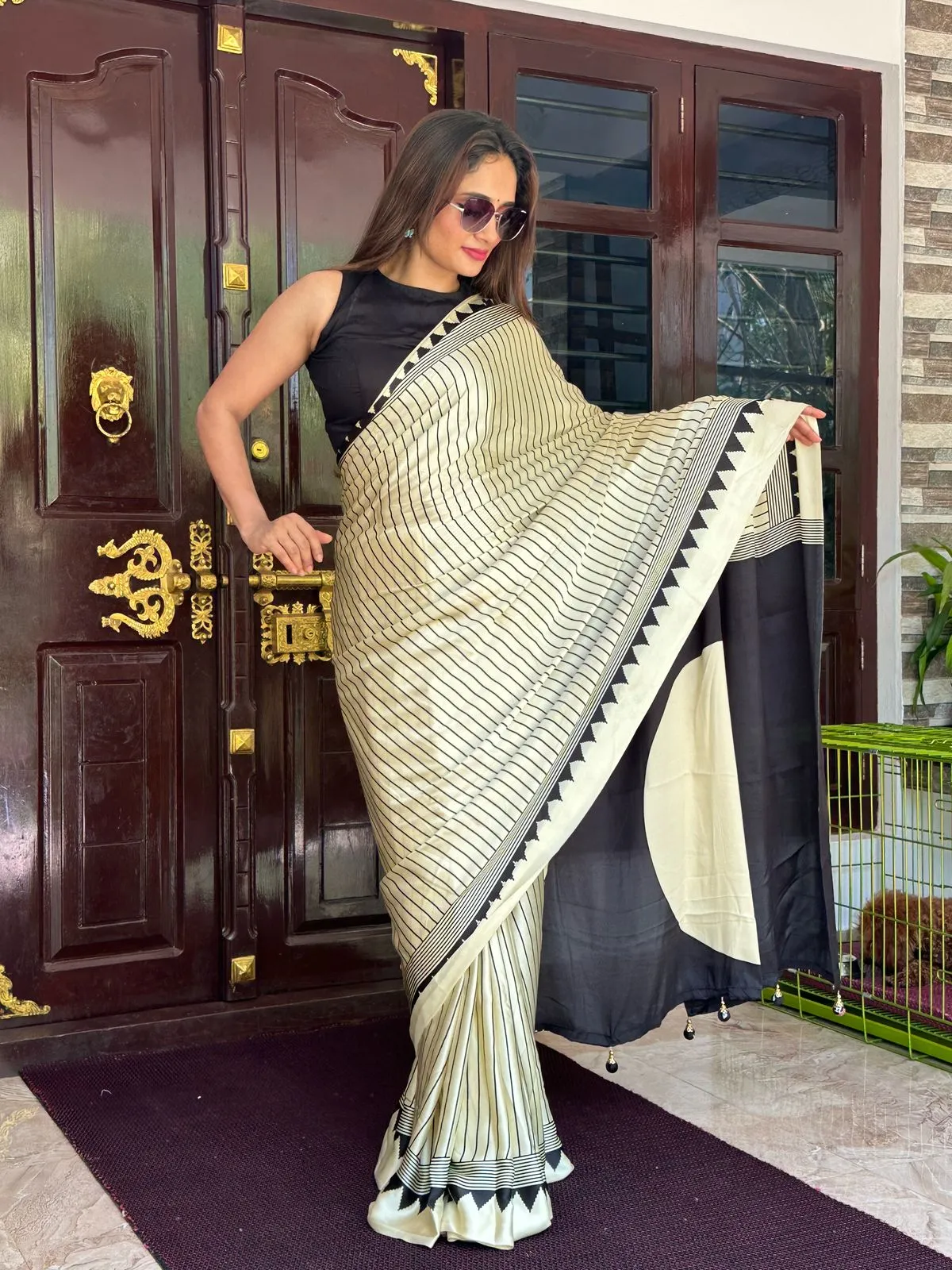 Ajrakh Satin Saree With Black Line Design And Black Pallu