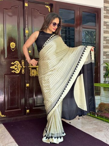 Ajrakh Satin Saree With Black Line Design And Black Pallu