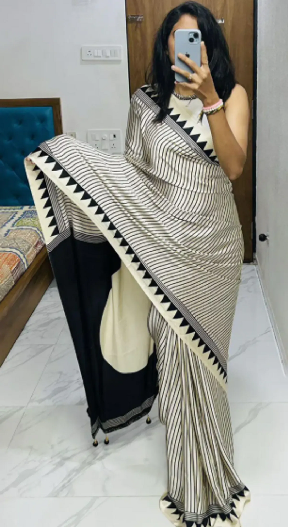 Ajrakh Satin Saree With Black Line Design And Black Pallu