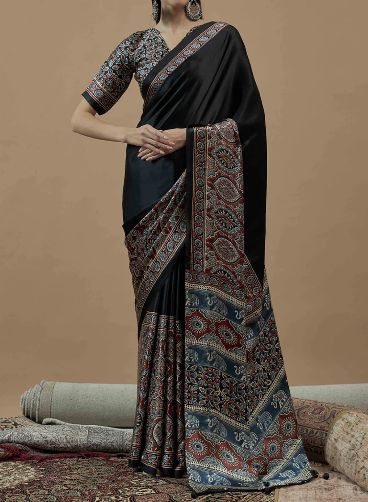 Black Half & Half Elephant Ajrakh Saree – Ethnic Wear