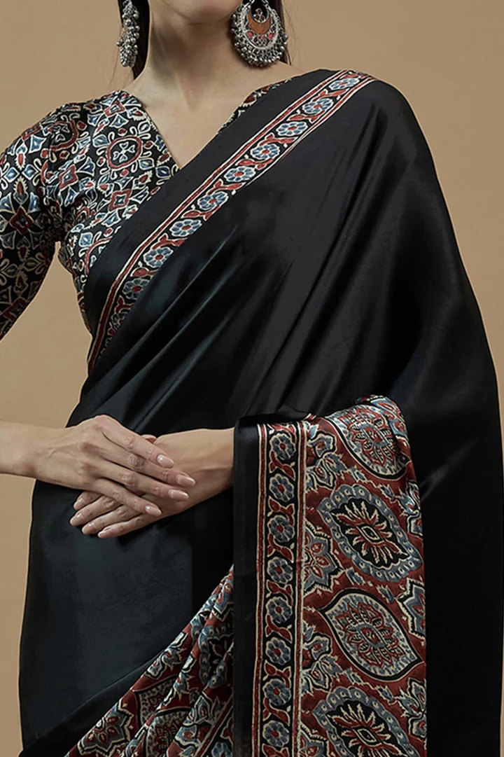 Black Half & Half Elephant Ajrakh Saree – Ethnic Wear