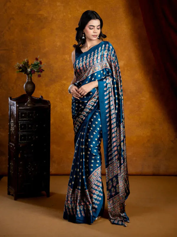 Morpich  Ajrakh Modal Silk Saree
