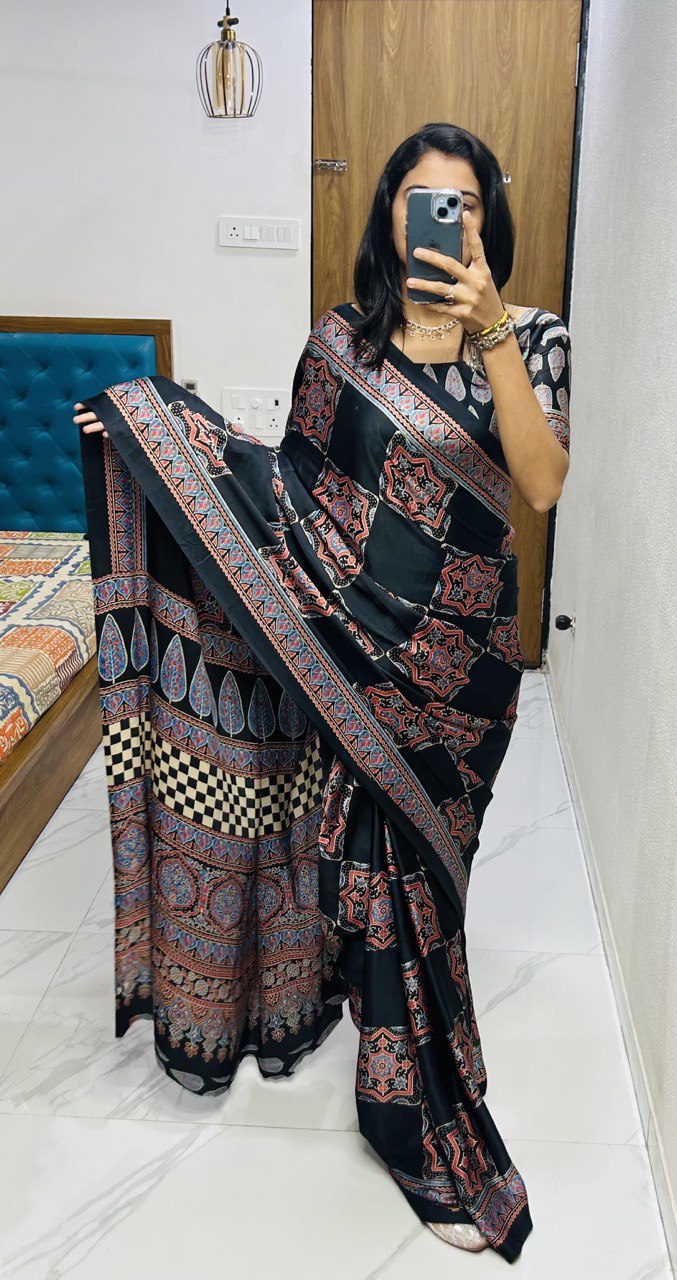 Elegant Black Printed Ready-to-Wear Gaji Soft Silk Saree