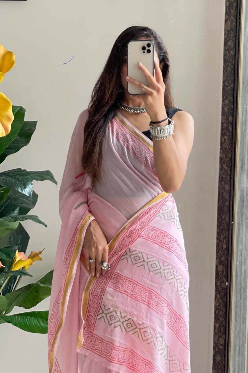 Graceful Baby Pink Soft Hand Block Saree