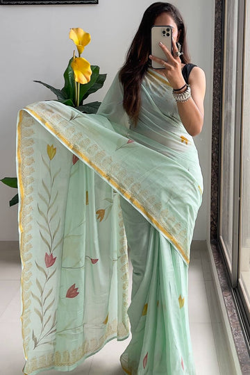 Light Green Floral Cotton Saree With Gold Border