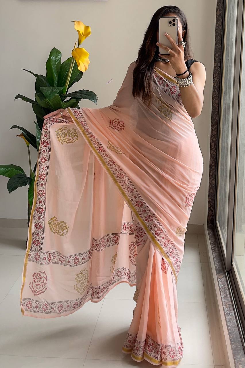Soft Blush Peach Cotton Saree With Hand Block Floral Prints