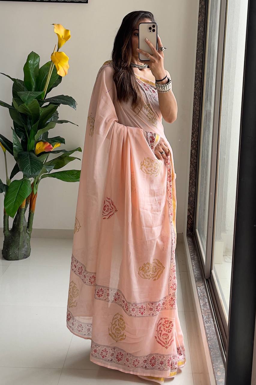 Soft Blush Peach Cotton Saree With Hand Block Floral Prints