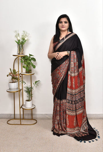 Elegant Black and Maroon Ajrakh Silk Saree
