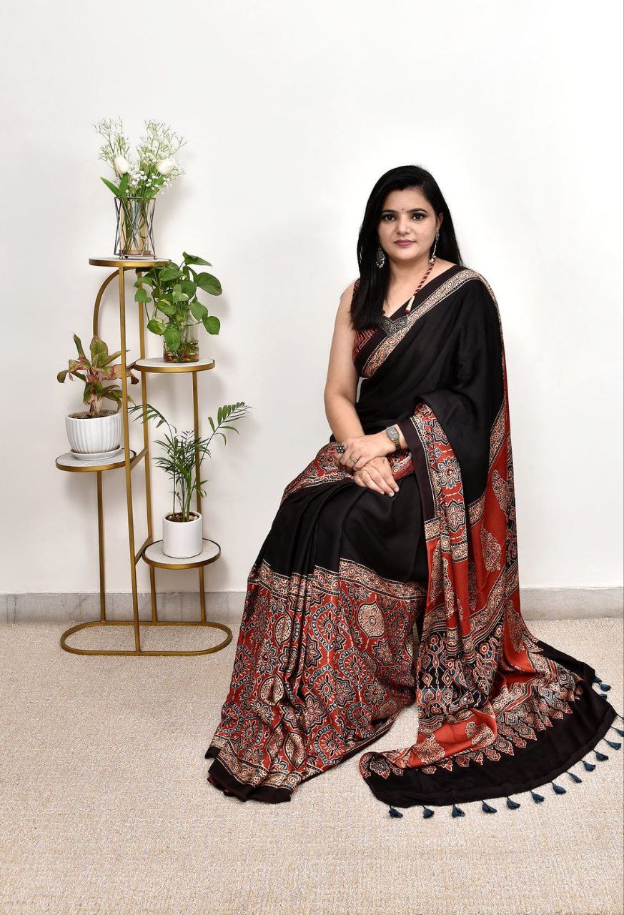 Elegant Black and Maroon Ajrakh Silk Saree