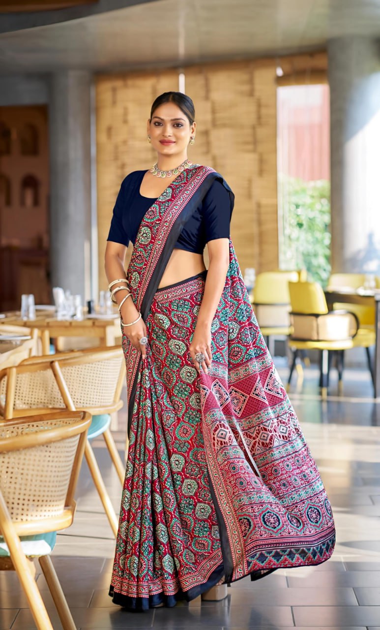 Crimson Charm Ajrakh Print Saree With Rich Pallu
