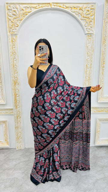 Classic Black With Red Floral Vibes Ajrakh Saree